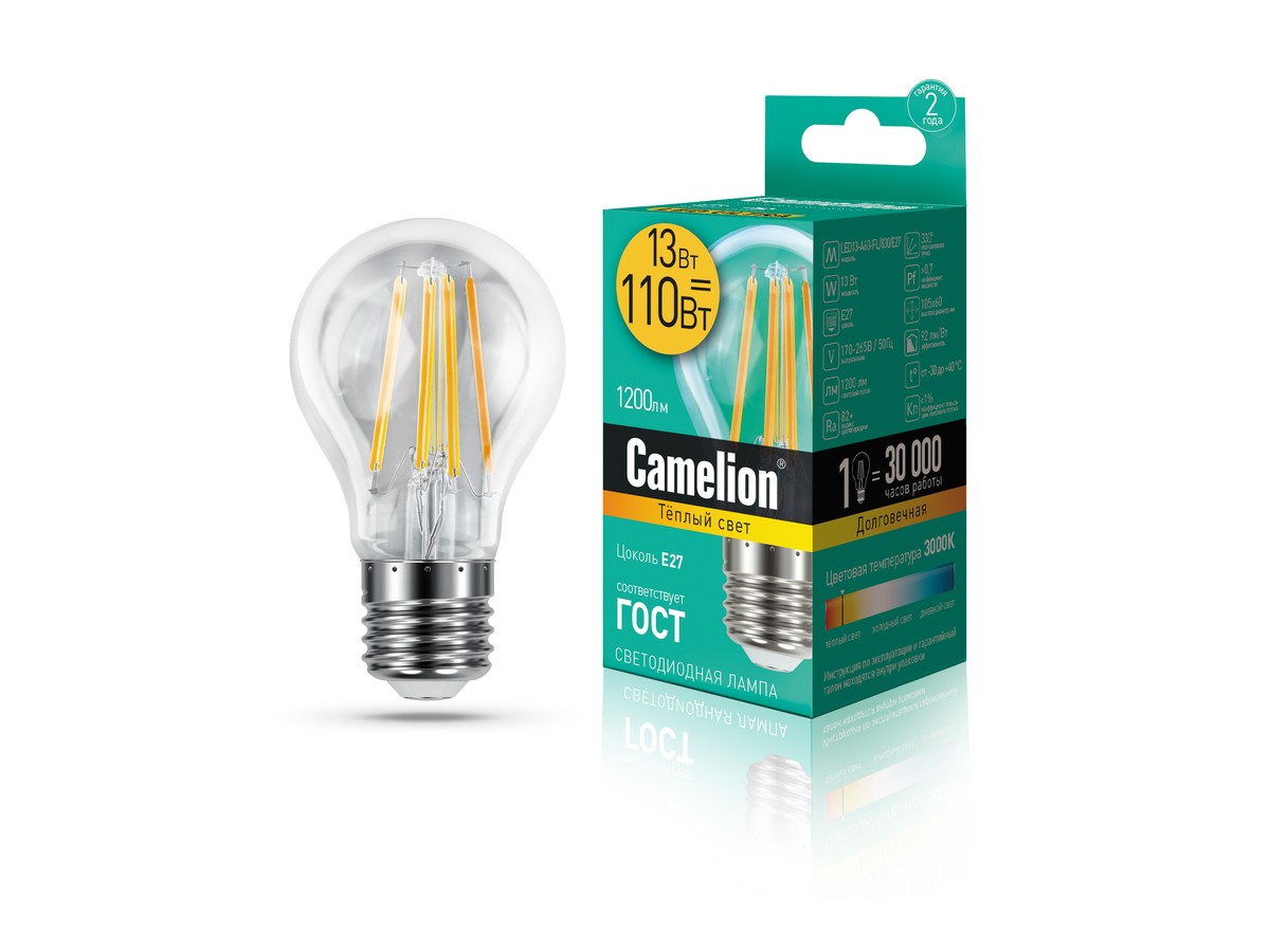 ფილამენტის ნათურა Camelion Led Lamp Filament LED13-A60-FL/830/E27 13ვატი — ნათურა და ვაზნა